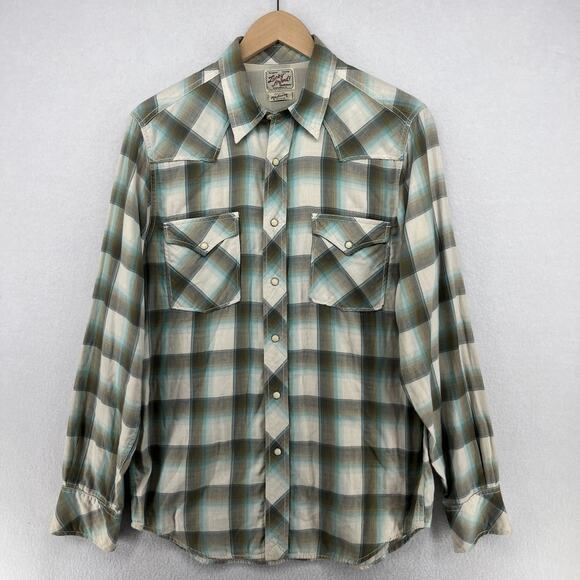 LUCKY BRAND Shirt Mens M Plaid Pearl Snap Front Western Double Layer Cotton Gray - Picture 1 of 15